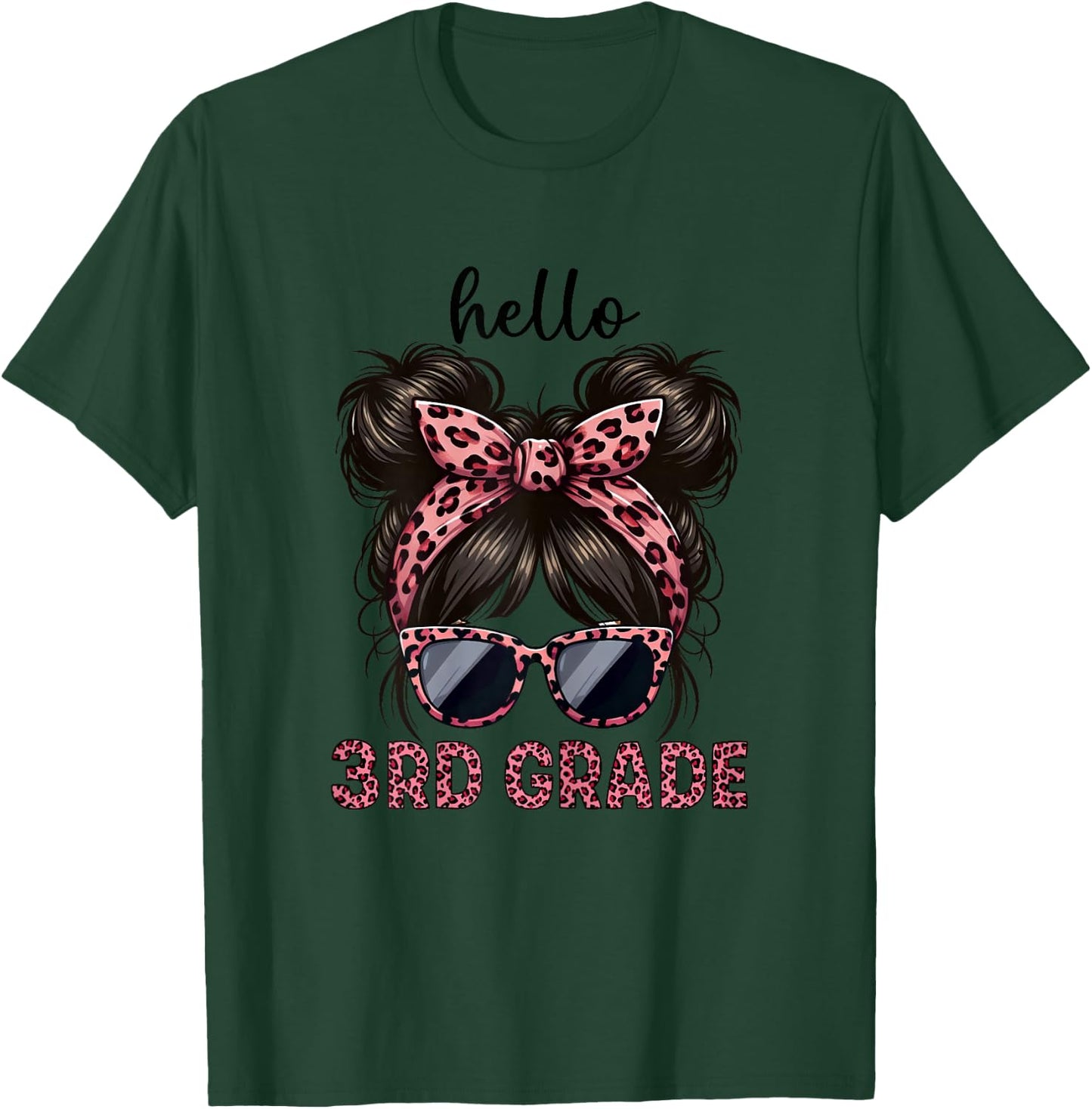 Hello 3rd Grade Messy Hair Bun Girl Leopard Back To School T-Shirt - T-Shirt | Forest