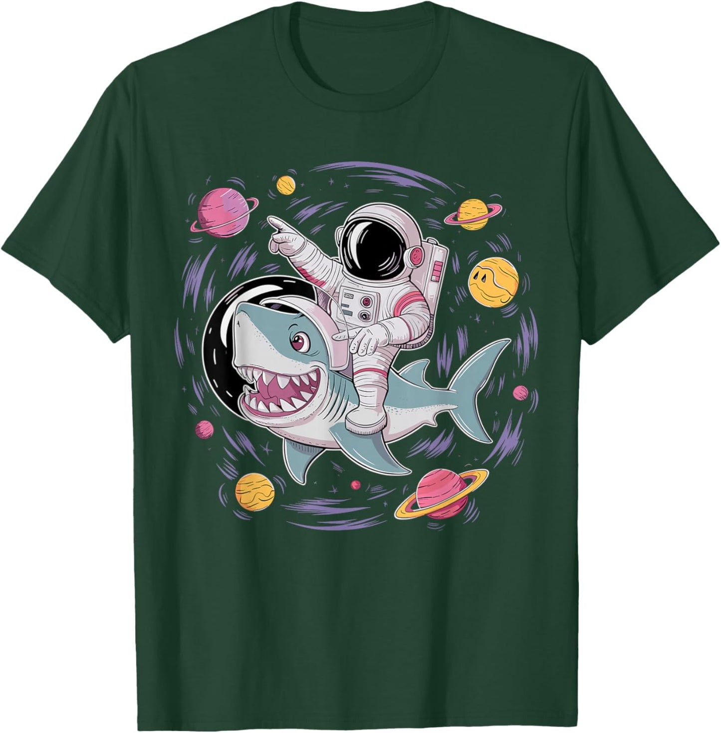 Astronaut Riding Shark Birthday Party in Outer Space T-Shirt - T-Shirt | Forest