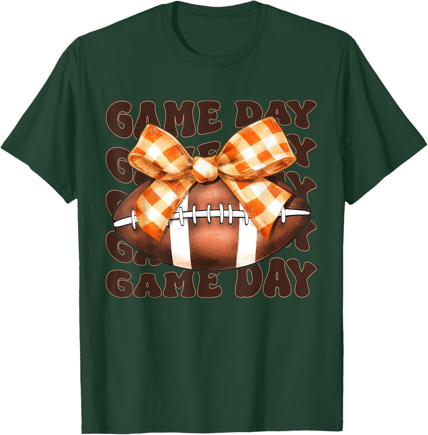 Football Autumn Fall Orange Checkered Ribbon Bow Game Day T-Shirt - T-Shirt | Forest