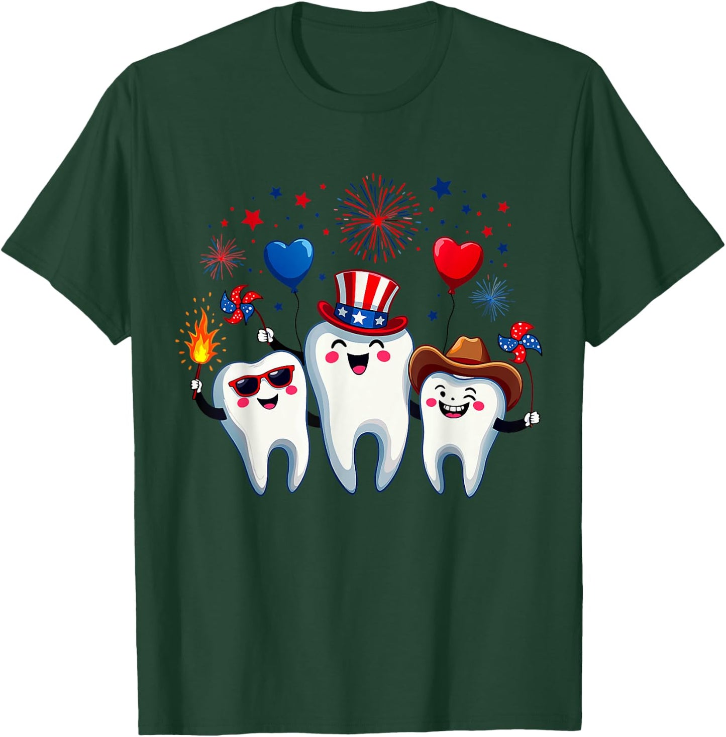 Three Teeth 4th Of July US Flag Firework Dentist Dental Team T-Shirt - T-Shirt | Forest