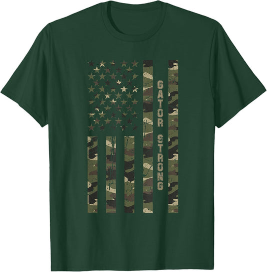 Gator Strong United States Distressed Camo w US Flag T-Shirt - T-Shirt | Forest