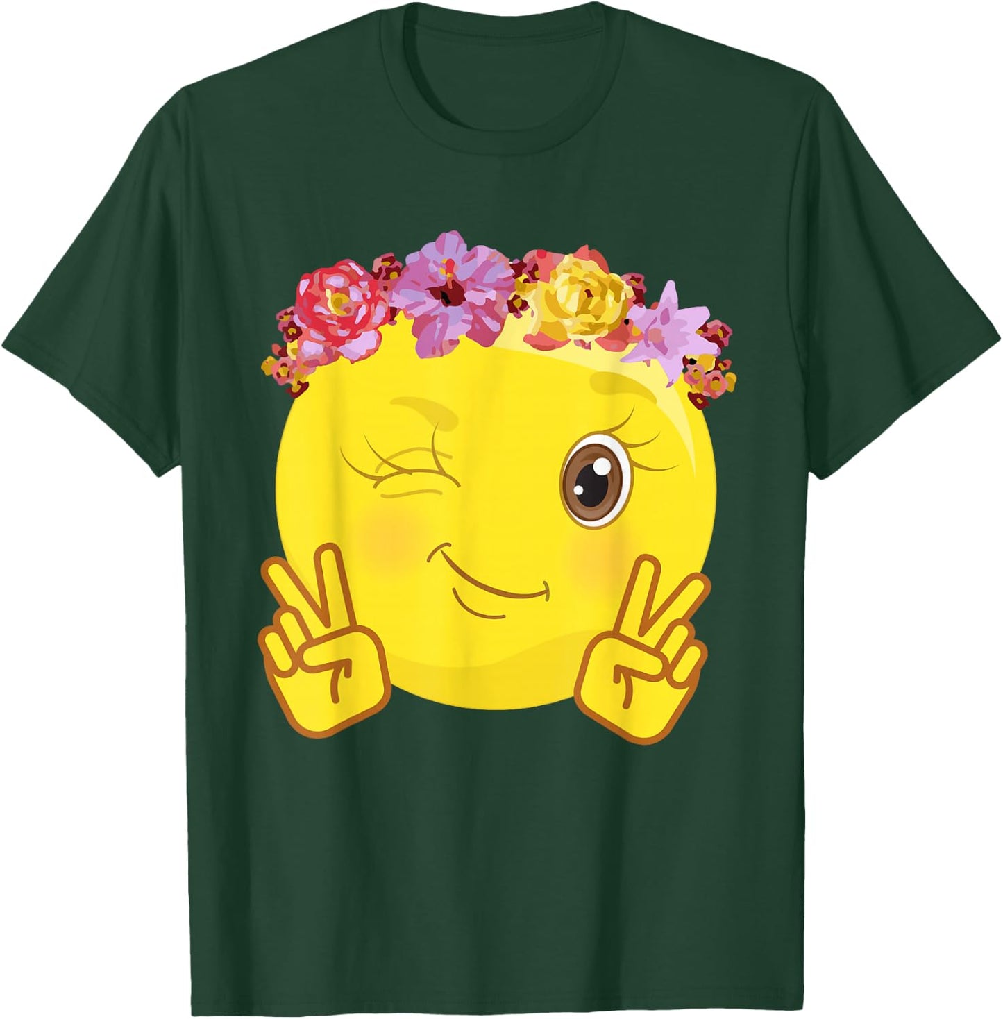 Peace Emoticon Winking Flower Crown T-Shirt - T-Shirt | Forest