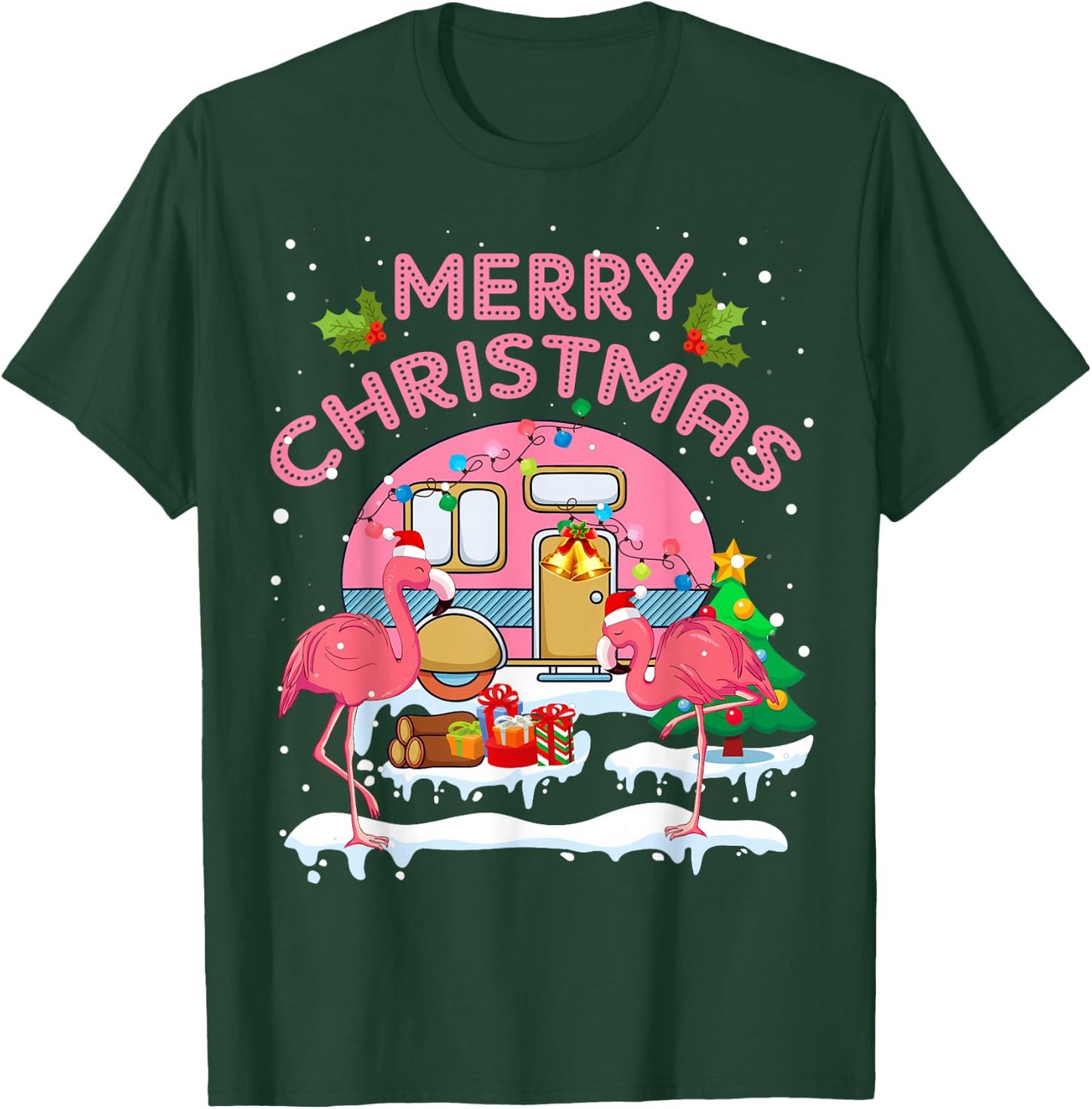 Flamingo Pink Camping Car Christmas Tree Merry Christmas T-Shirt - T-Shirt | Forest