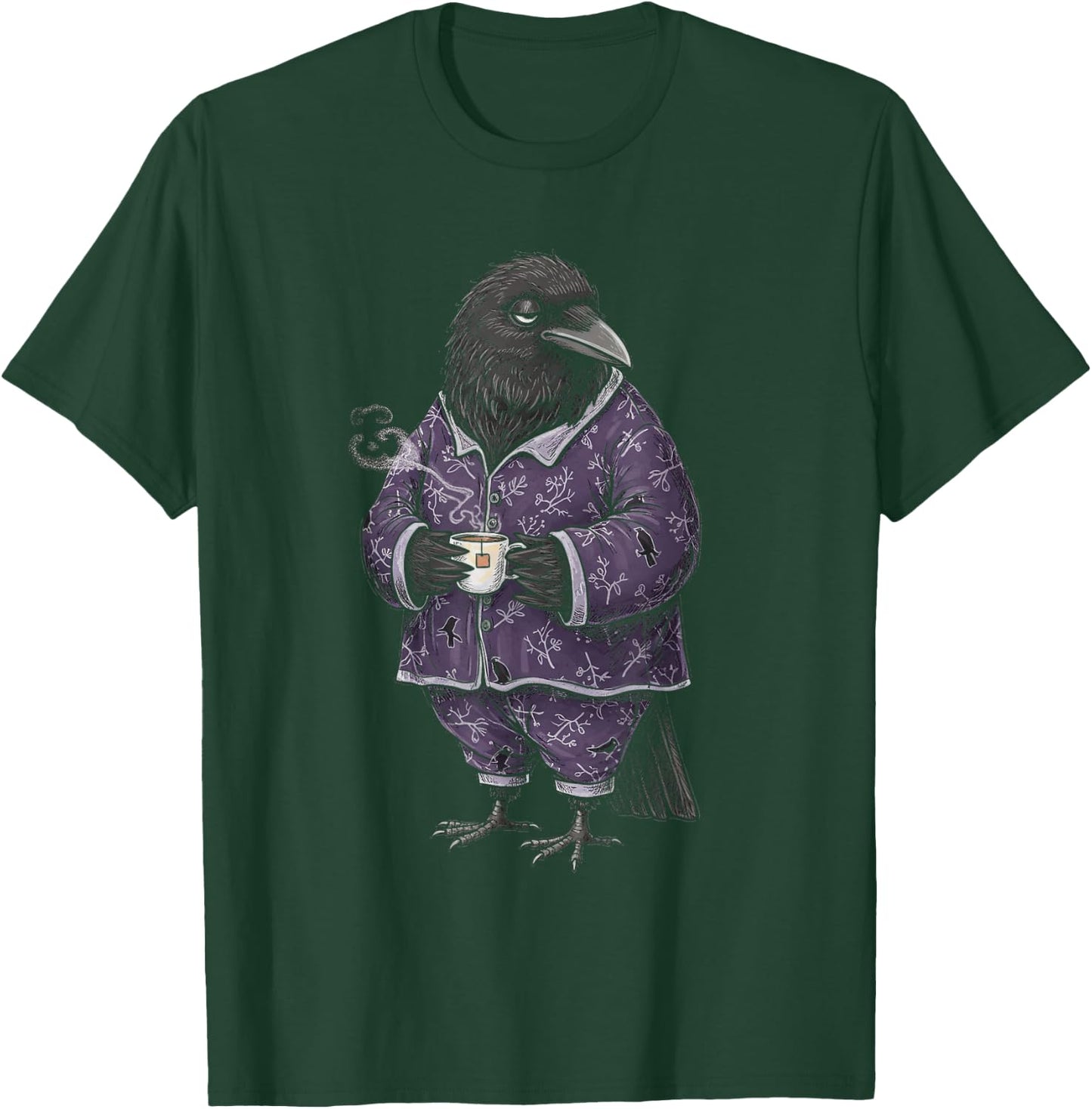 Funny Sleepy Raven With Tea Lovers Humor Pajama T-Shirt - T-Shirt | Forest