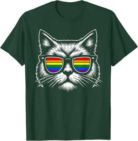 Rainbow Cat with Sunglasses and Pride Flag Gay Pride T-Shirt - T-Shirt | Forest