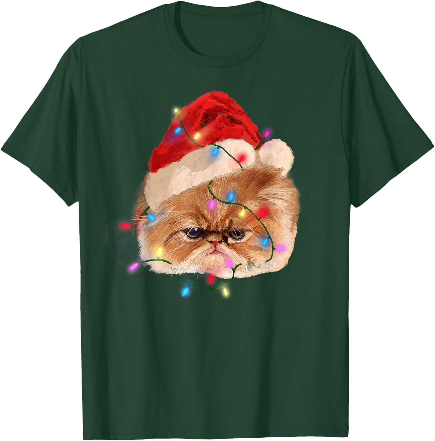 Funny Xmas Persian Cat Christmas Lights Adorable Face Fluffy T-Shirt - T-Shirt | Forest