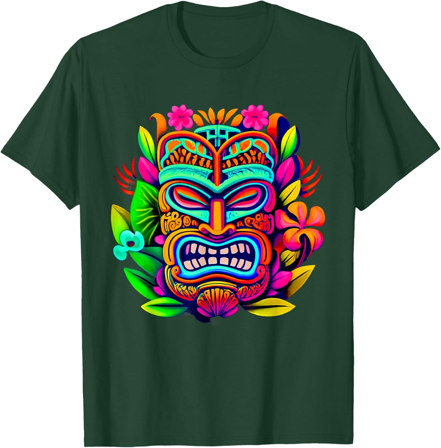 Bright Neon Maui Polynesian Hawaiian Tiki Head Style Design T-Shirt - T-Shirt | Forest