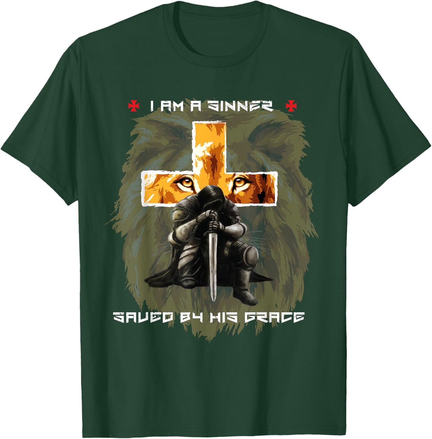 Sinner Saved By Gods Grace Christian Messages Lion Cross T-Shirt - T-Shirt | Forest
