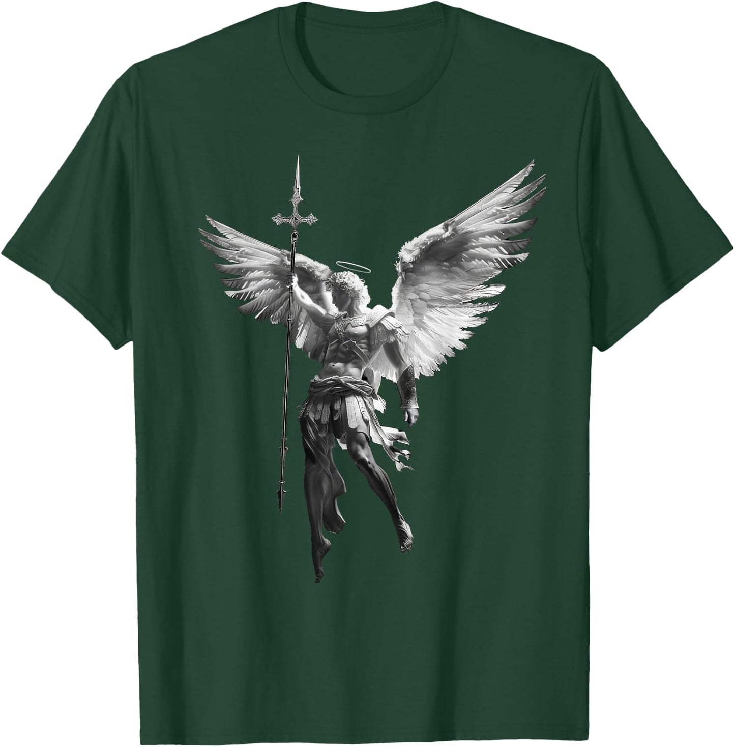 with German Text "Gottes Engel Michael Archangel with Spear Cross and Wings, black T-Shirt - T-Shirt | Forest