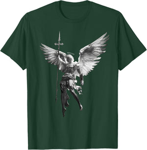 with German Text "Gottes Engel Michael Archangel with Spear Cross and Wings, black T-Shirt - T-Shirt | Forest