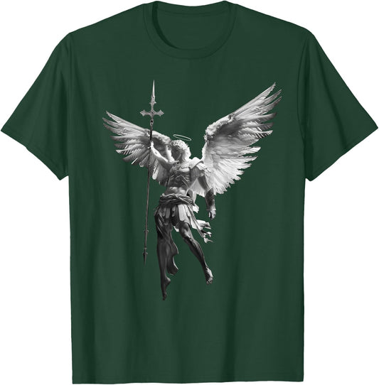with German Text "Gottes Engel Michael Archangel with Spear Cross and Wings, black T-Shirt - T-Shirt | Forest