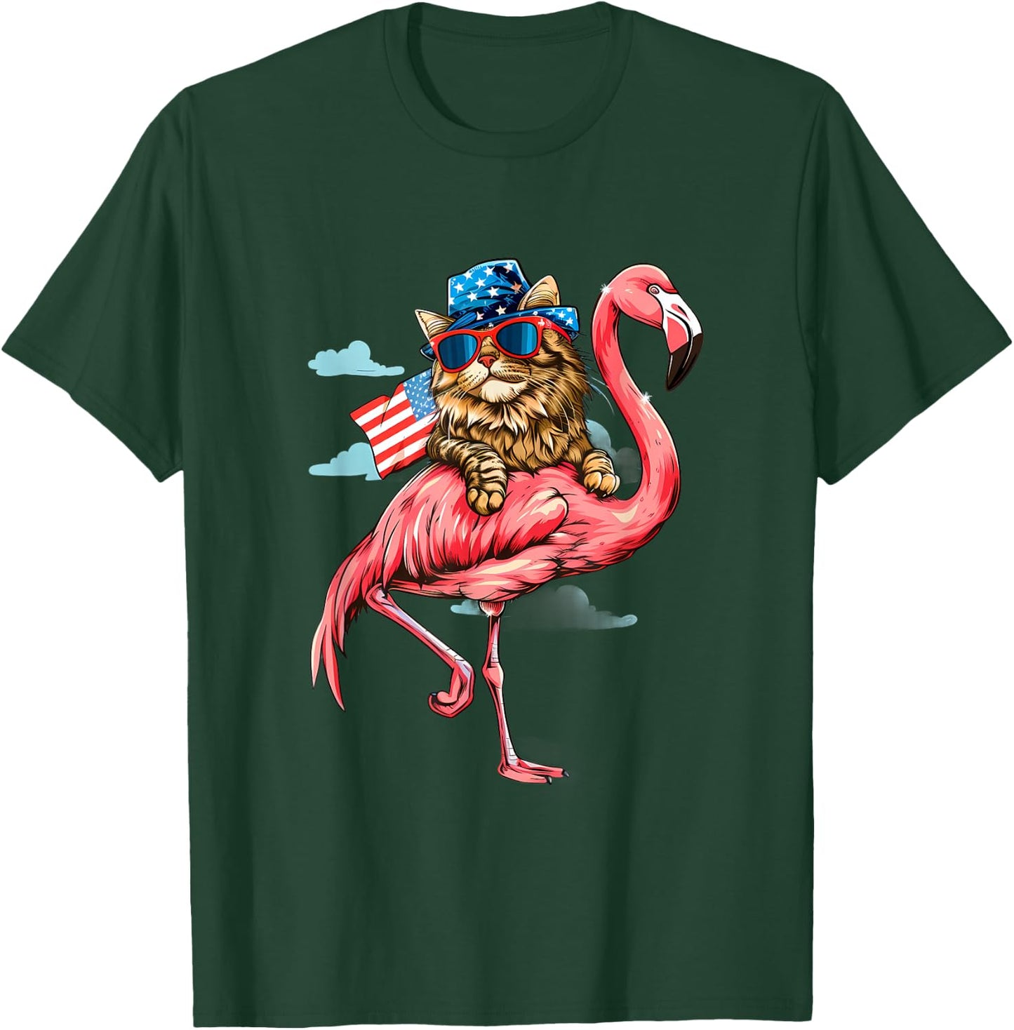 4th Of July Cat Flamingo American Flag Patriotic America USA T-Shirt - T-Shirt | Forest