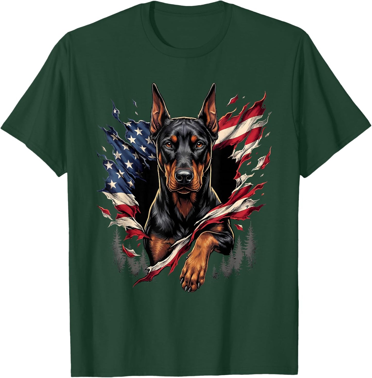 Doberman Dog Patriotic American Flag 4th of July USA T-Shirt - T-Shirt | Forest