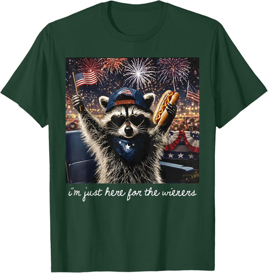 Just Here for The Wieners Funny Hotdog Raccoon 4th of July T-Shirt - T-Shirt | Forest