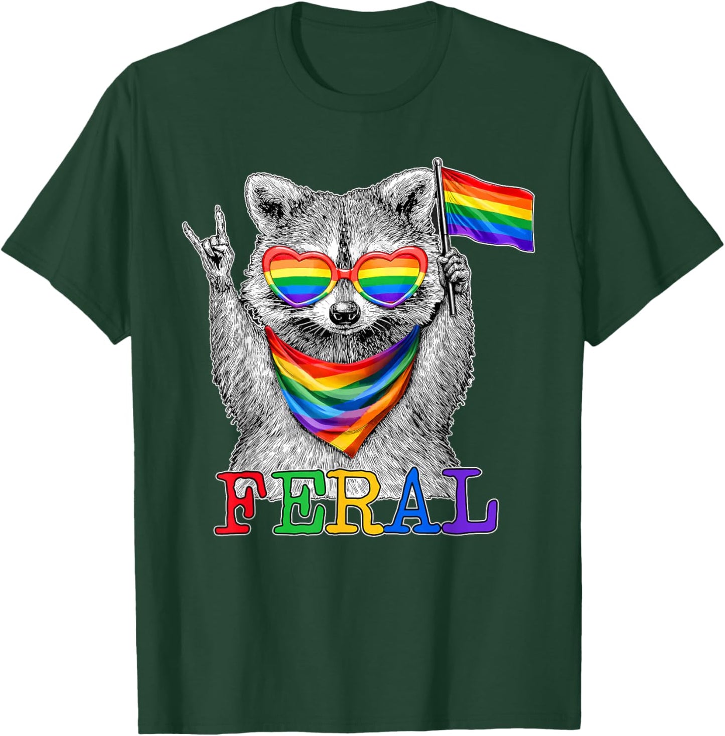 Pride LGBT Feral Raccoon Rainbow Flag Sunglasses Men Women T-Shirt - T-Shirt | Forest