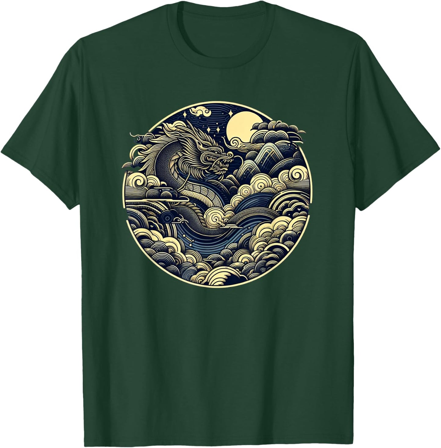 Japanese Dragon Moon Waves Ukiyo-e Style Circular Graphic T-Shirt - T-Shirt | Forest