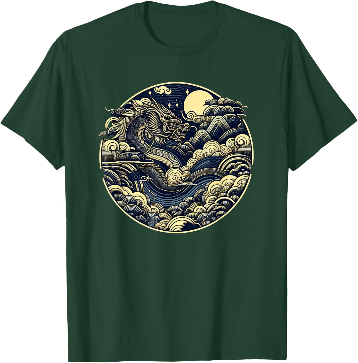 Japanese Dragon Moon Waves Ukiyo-e Style Circular Graphic T-Shirt - T-Shirt | Forest