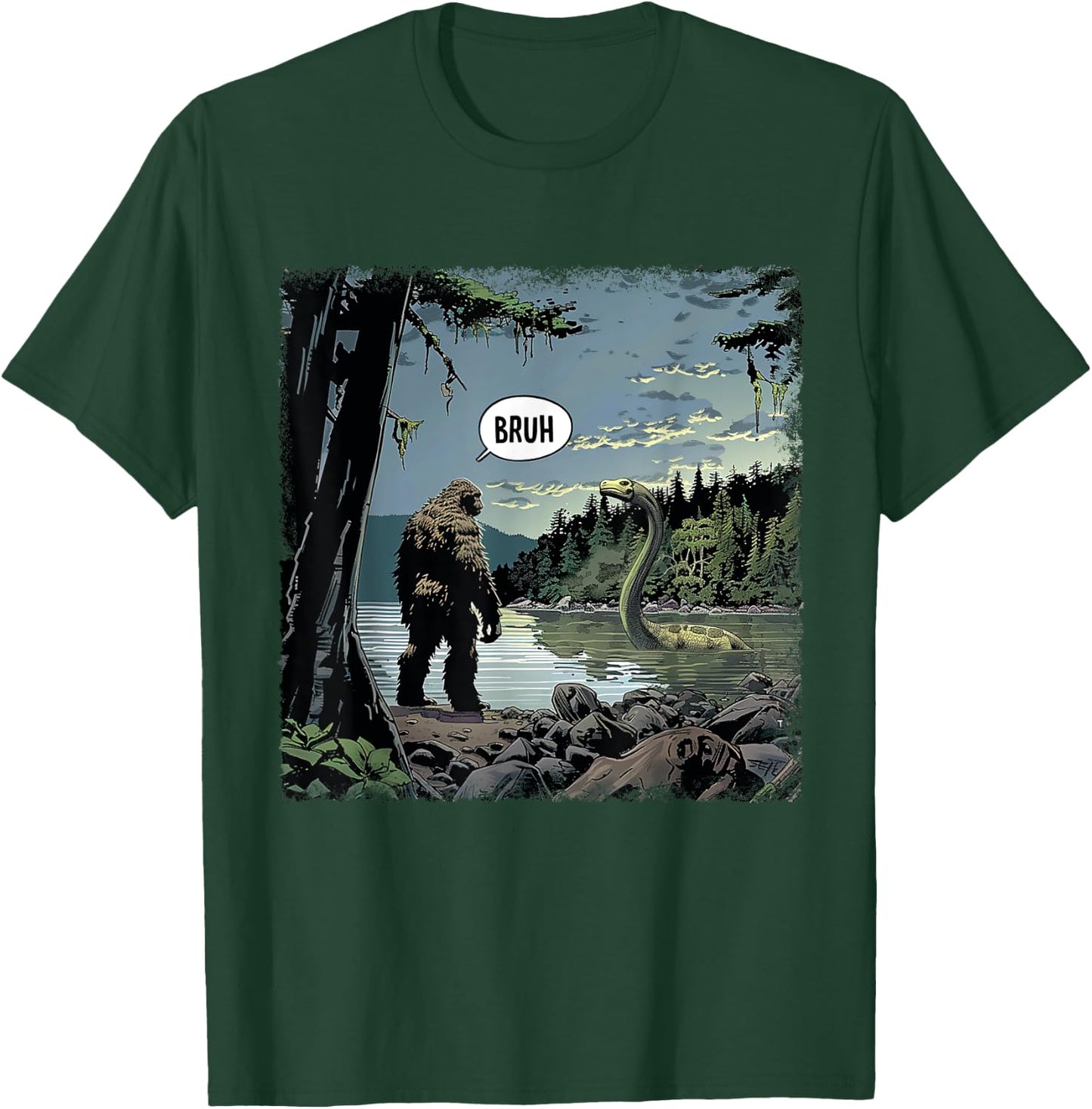 Classic Loch Ness Monster With Bigfoot Funny Animal Happily T-Shirt - T-Shirt | Forest