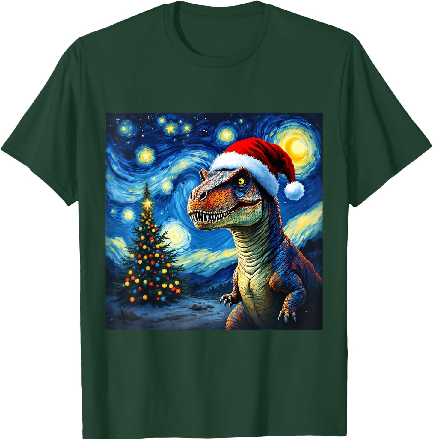 Christmas Dinosaur Santa Hat Van Gogh Starry Night Holiday T-Shirt - T-Shirt | Forest