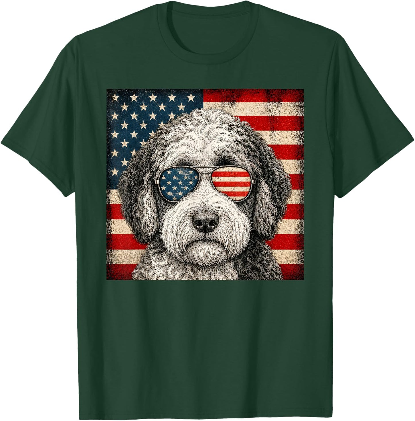Sheepadoodle 4th of July US American Flag Dog Patriotic T-Shirt - T-Shirt | Forest