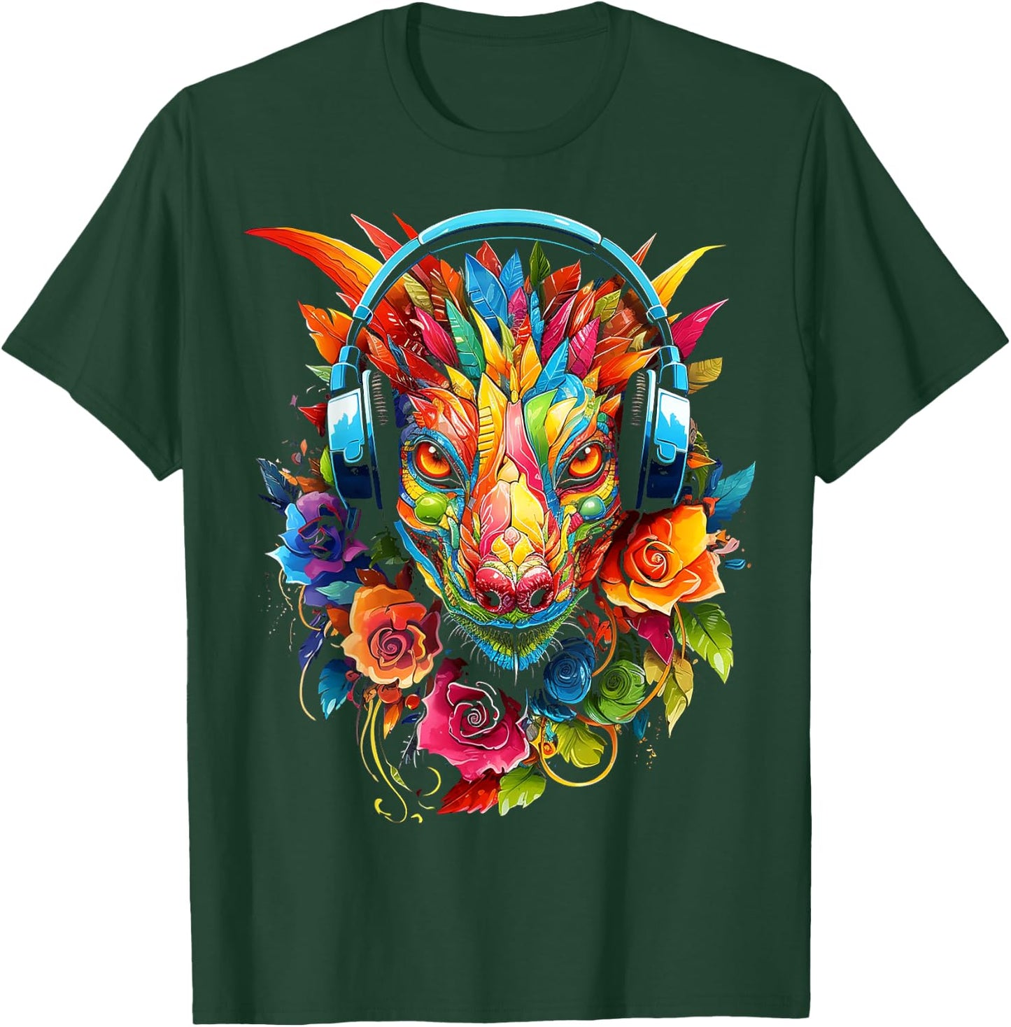 Dragon Headphones Art Colorful Flowers Graphic Anime T-Shirt - T-Shirt | Forest