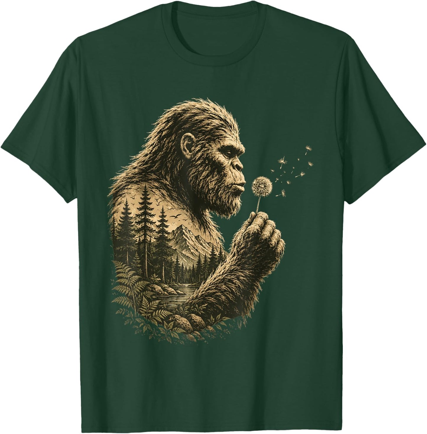 Bigfoot Blowing Dandelion Vintage Sasquatch Nature Men Women T-Shirt - T-Shirt | Forest