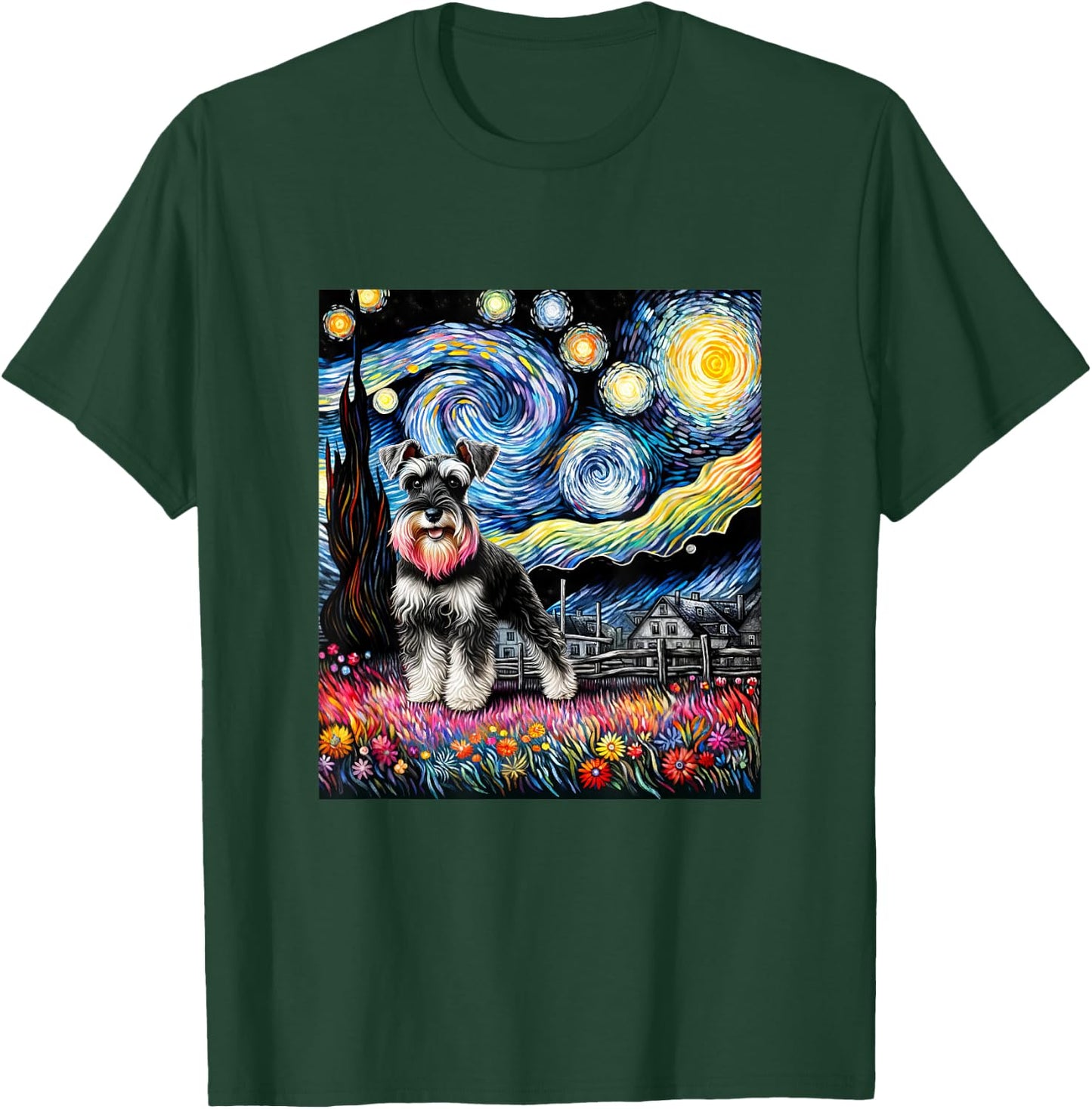 Miniature Schnauzer Dog Van Gogh Starry Night Painting T-Shirt - T-Shirt | Forest