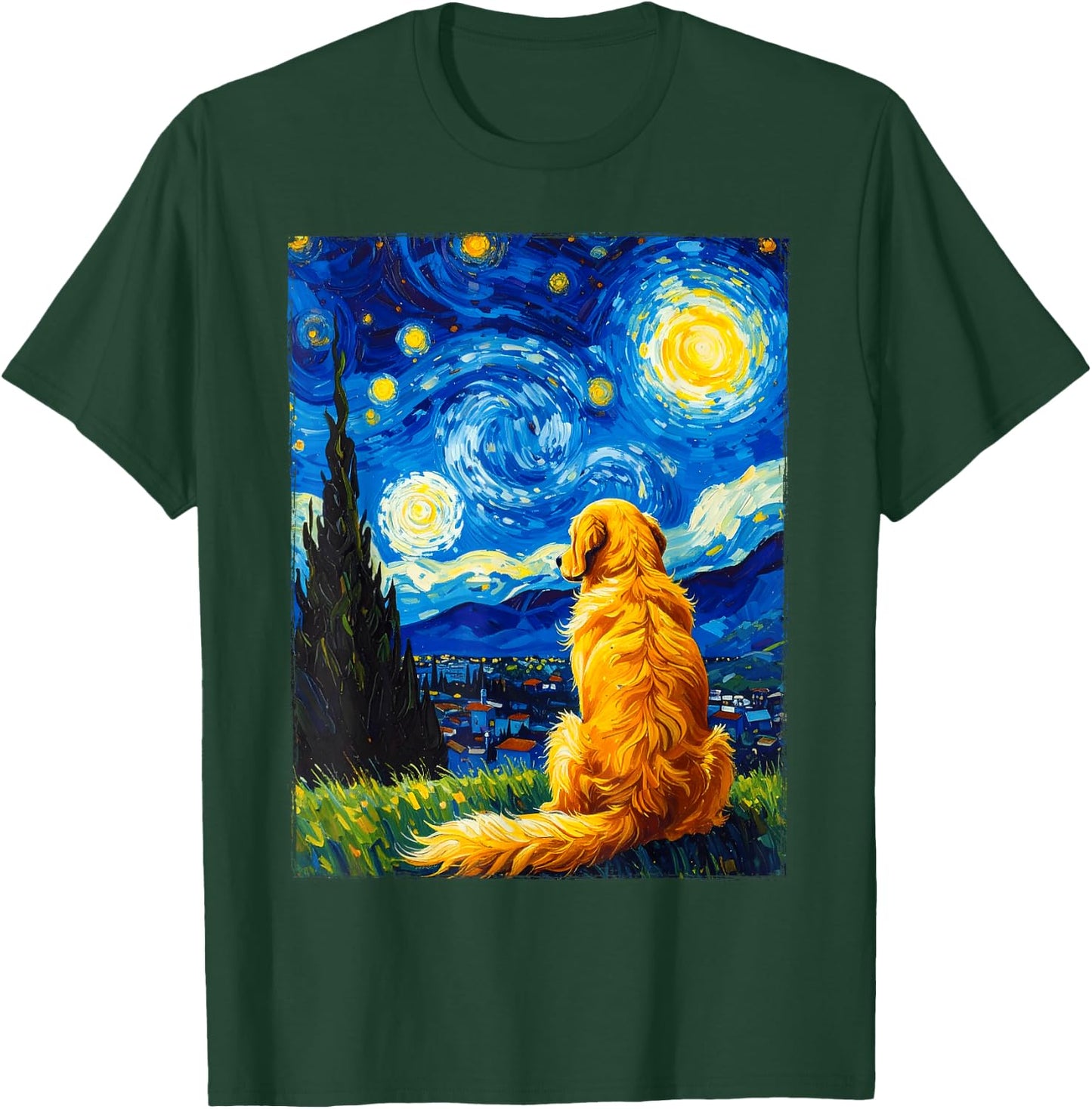 Van Gogh Starry Night Painting Golden Retriever Dog T-Shirt - T-Shirt | Forest
