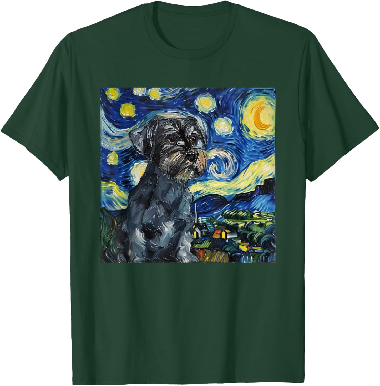 Miniature Schnauzer Dog Van Gogh Style Starry Night T-Shirt - T-Shirt | Forest
