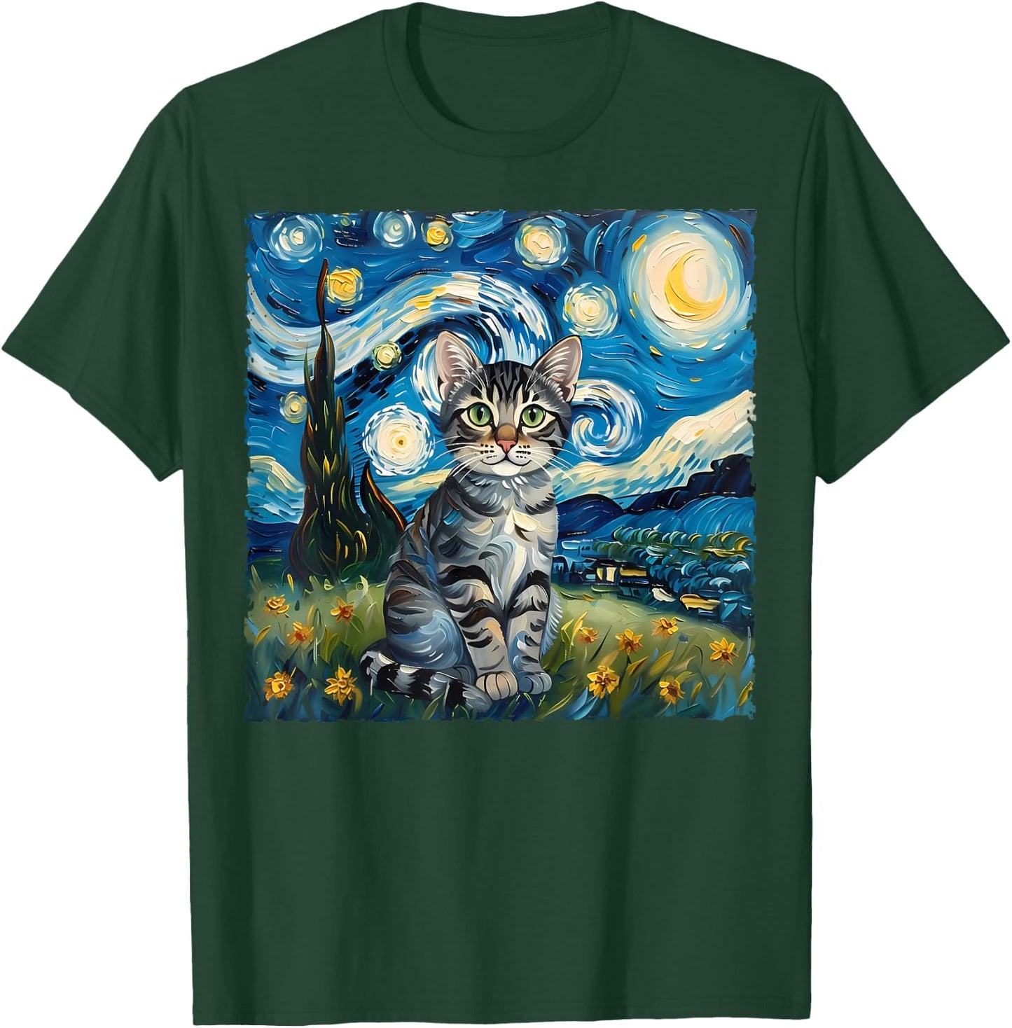 Van Gogh Style Funny Gray Tabby Tiger Cat Lover Starry Night T-Shirt - T-Shirt | Forest