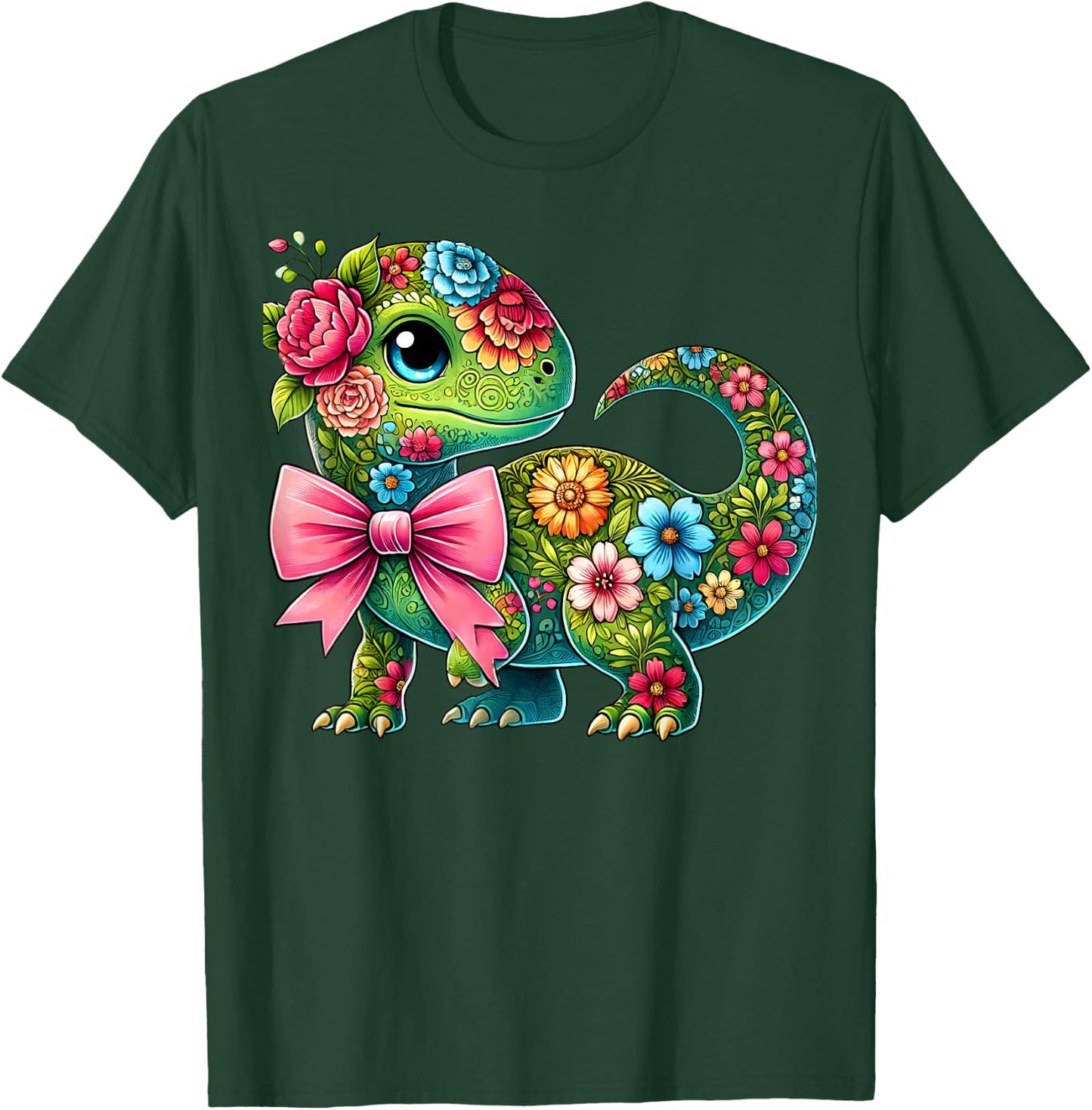 Floral Dinosaur Flower Cute Coquette Bow Graphic Women Girls T-Shirt - T-Shirt | Forest