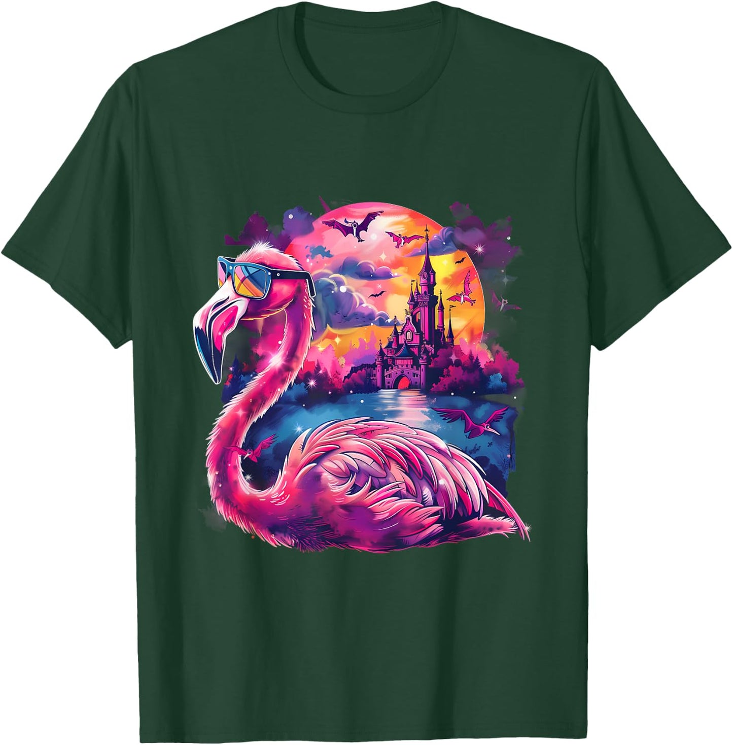 Halloween Flamingo Bats Haunted Castle Trick Or Treat Moon T-Shirt - T-Shirt | Forest