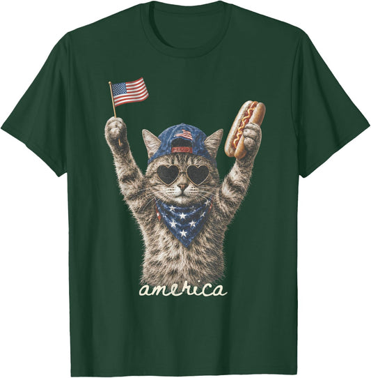 Funny America Cat Hotdog 4th of July US Flag Patriotic T-Shirt - T-Shirt | Forest