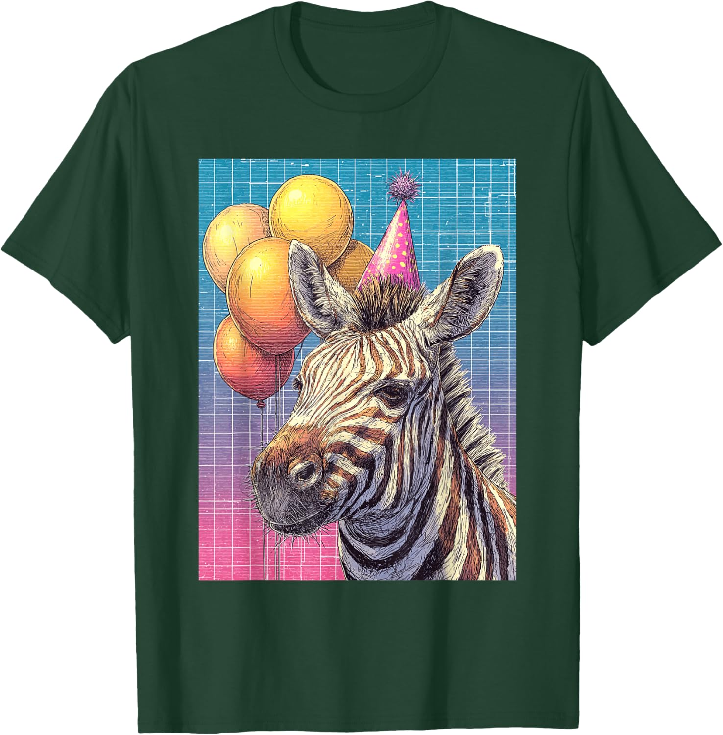 Zebra Synthwave Print Birthday Party Balloons & Party Hat T-Shirt - T-Shirt | Forest