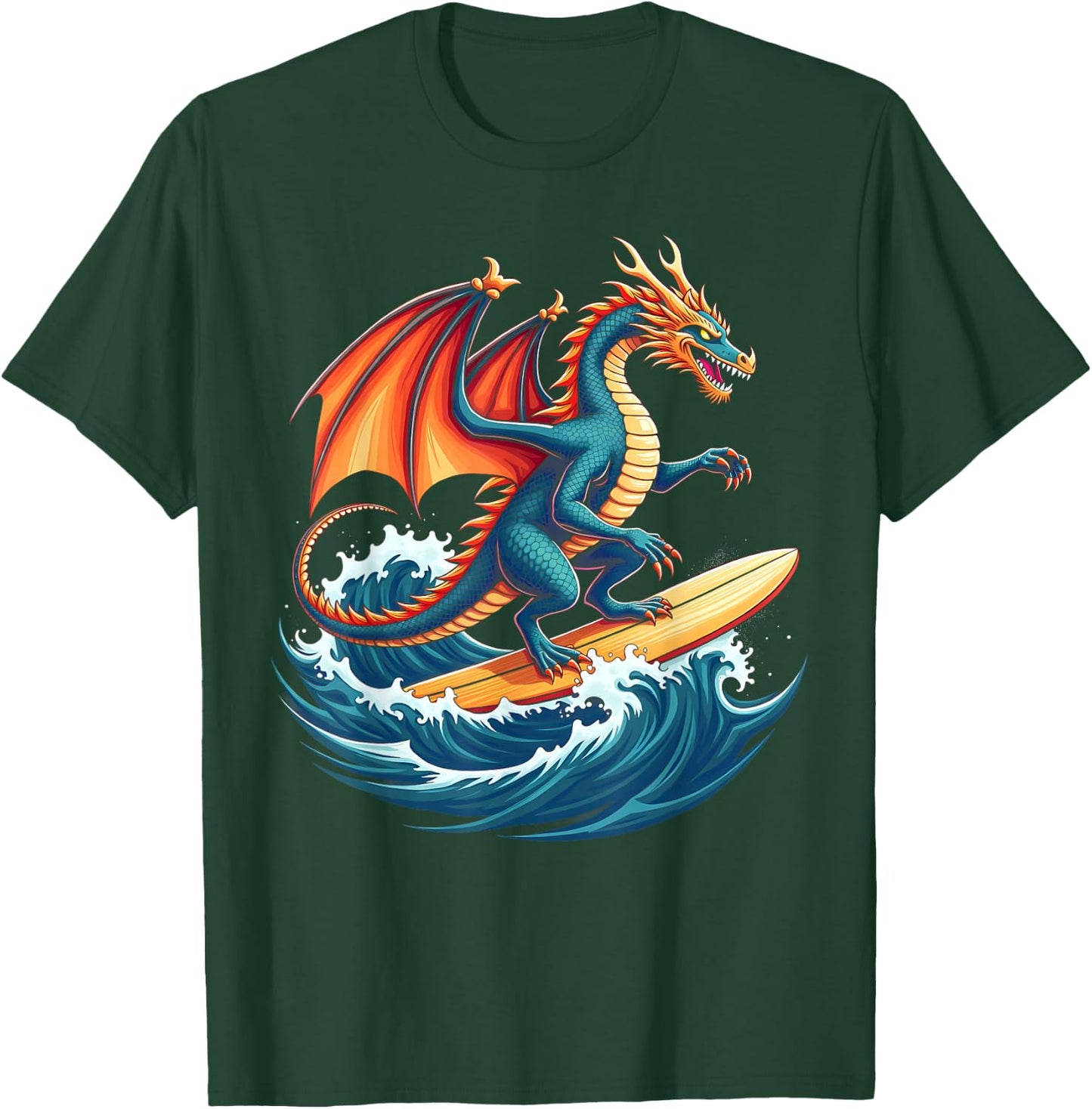 Fire Waves Dragon Surfer Mythical Surfing Beach Surfboarder T-Shirt - T-Shirt | Forest