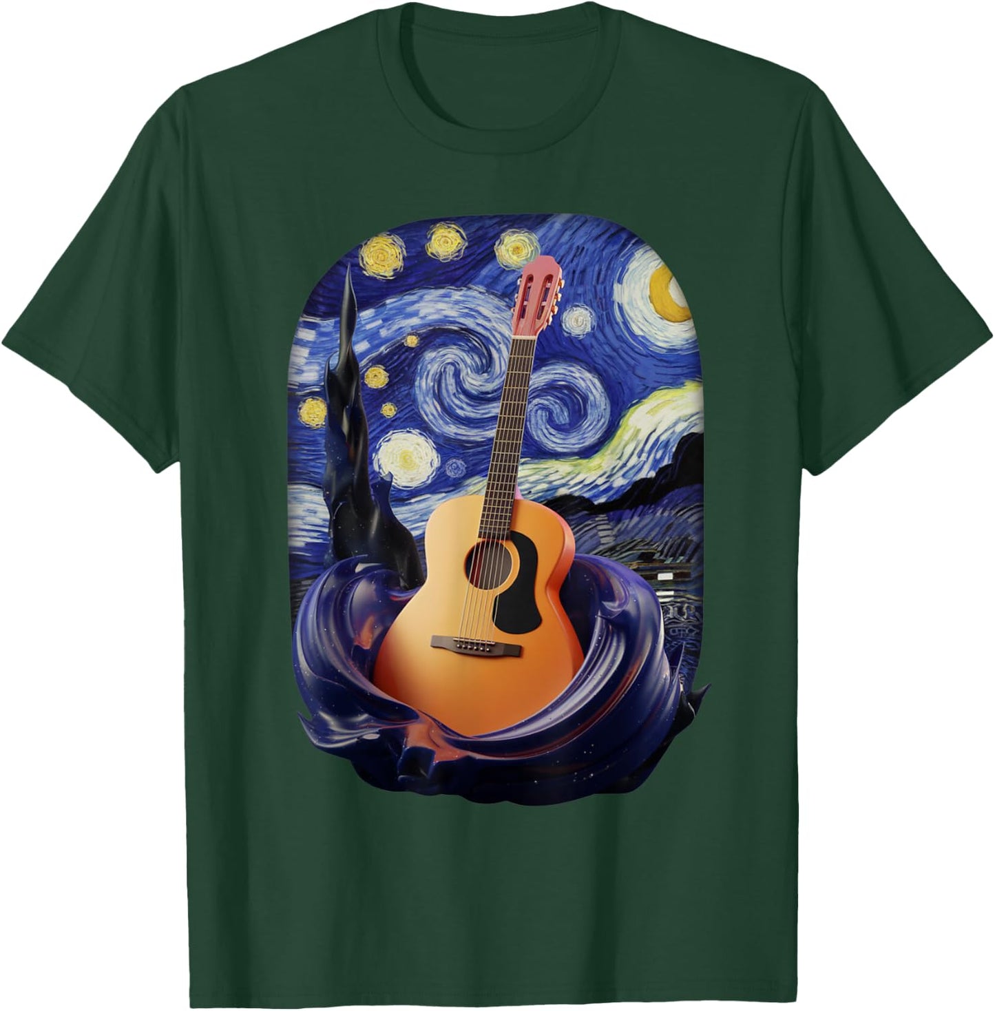 Starry Night Inspired Acoustic Guitar Art T-Shirt - T-Shirt | Forest