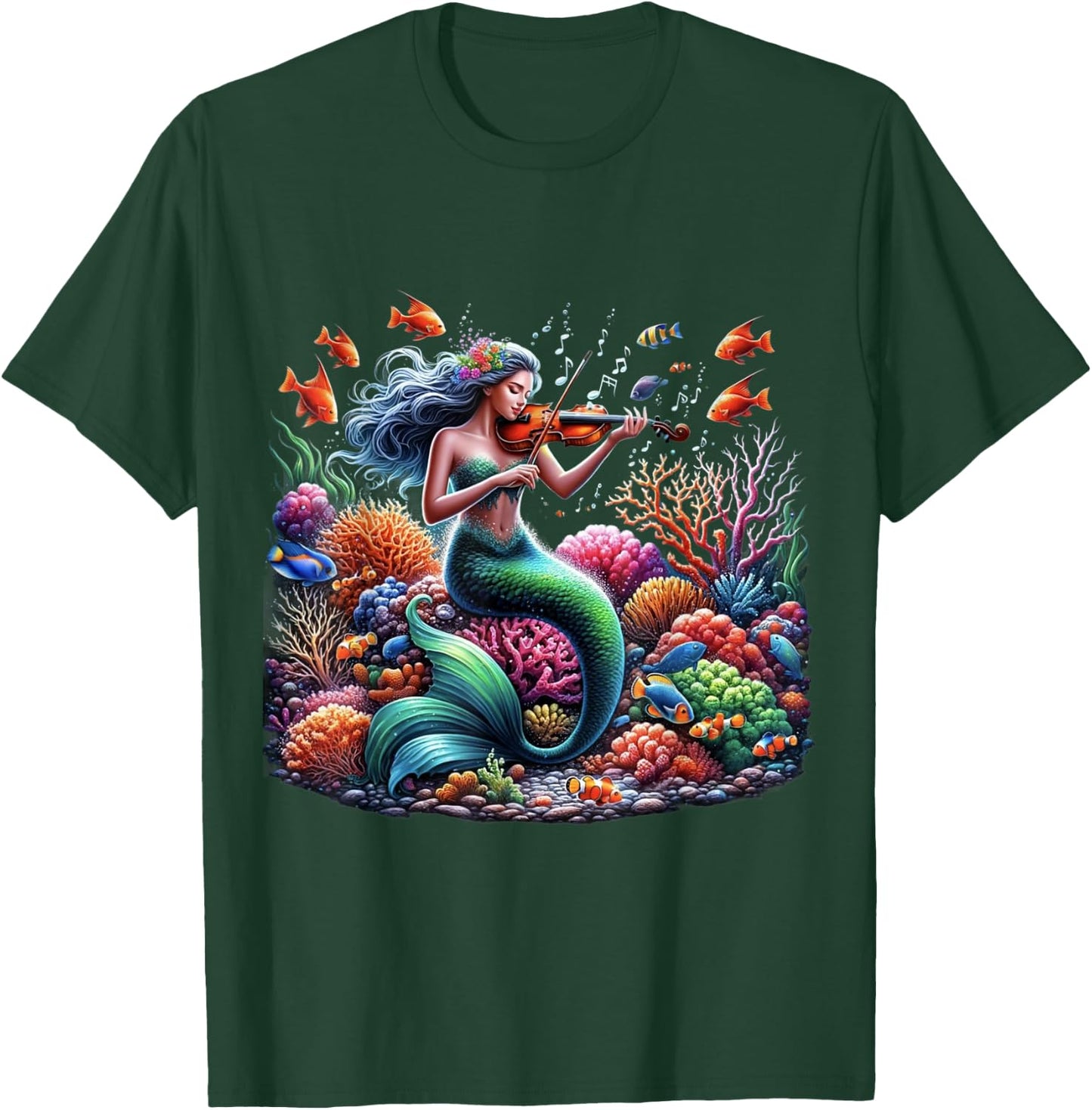 Mermaid With Violin Underwater Music Print T-Shirt - T-Shirt | Forest