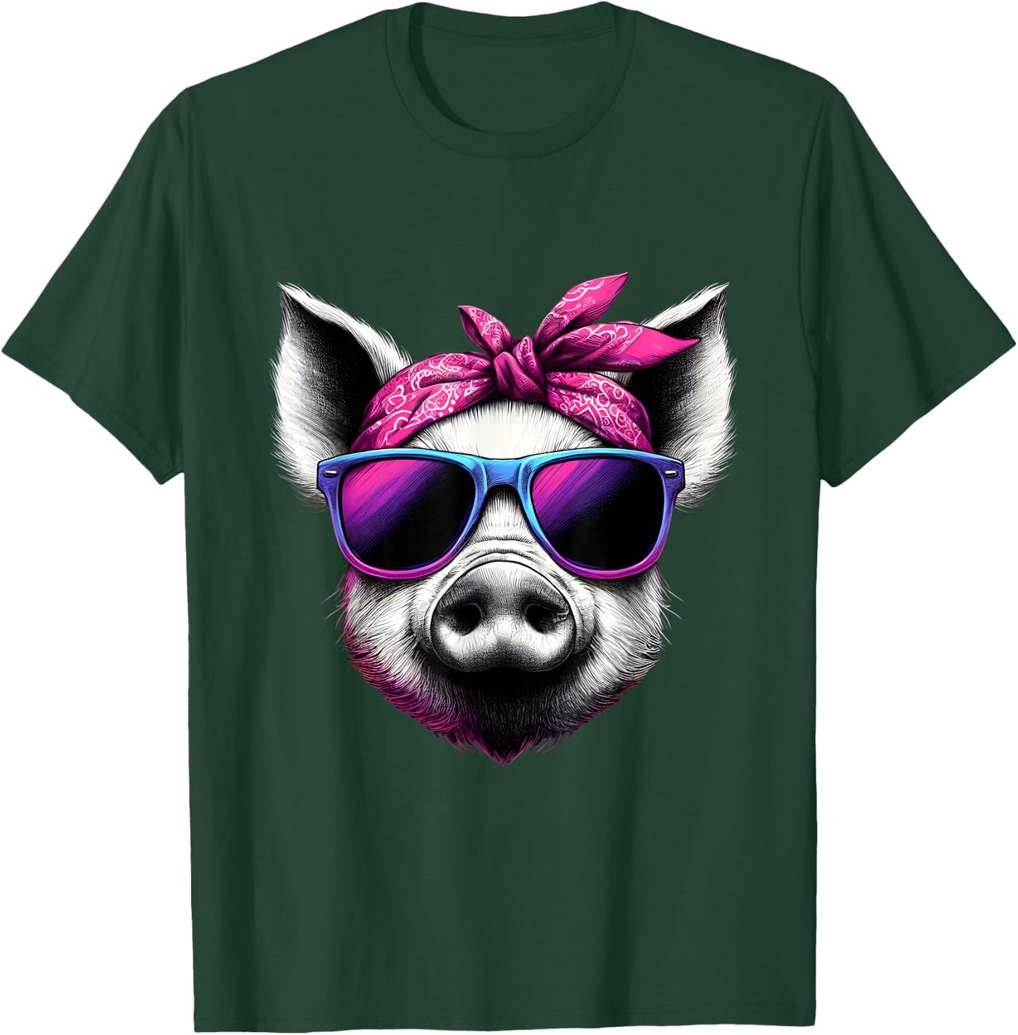Pig Wearing A Pink Bandana Headband And Sunglasses T-Shirt - T-Shirt | Forest