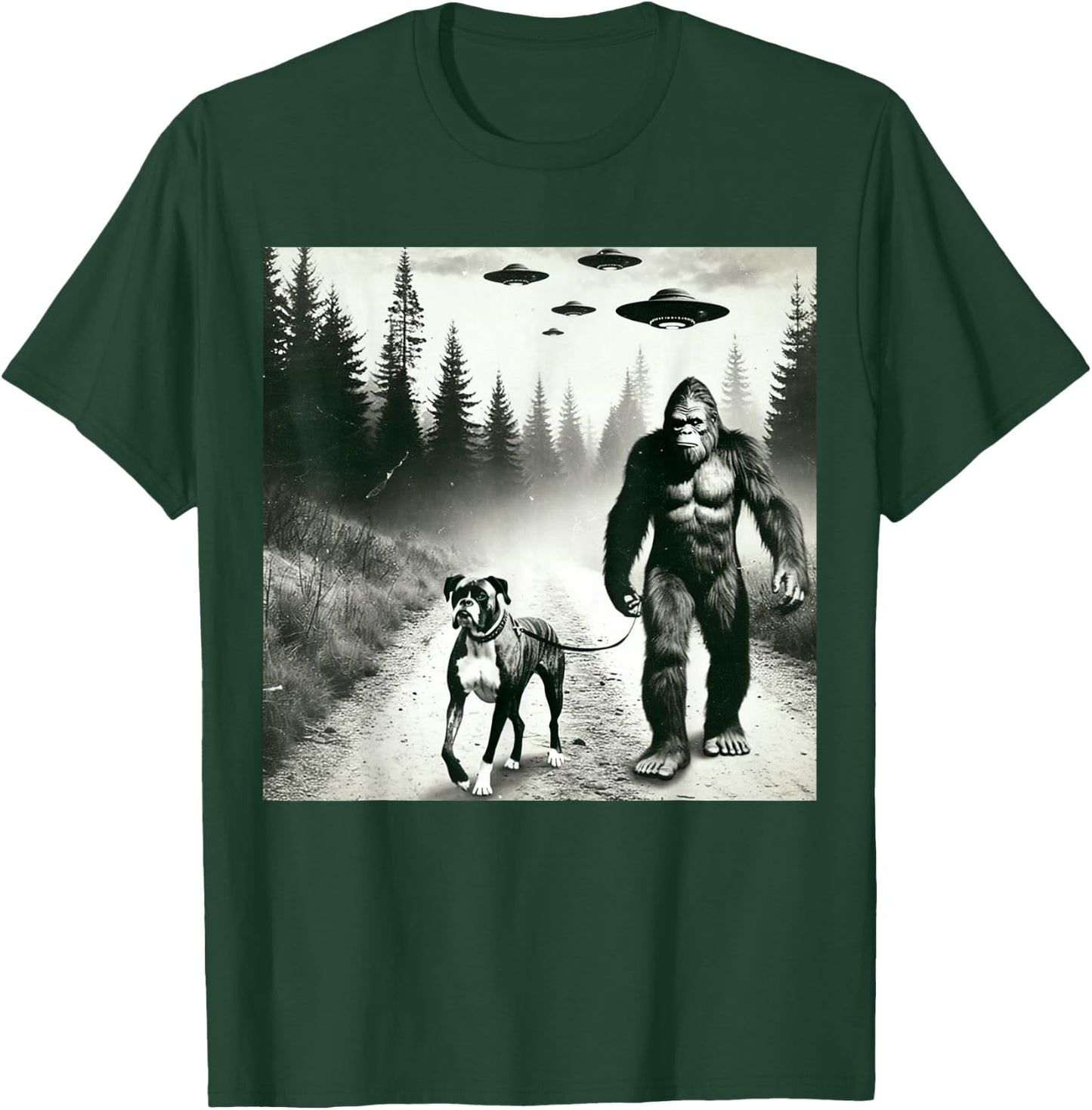 Funny Bigfoot Walking With Boxer Dog. Bigfoot And Dog UFO T-Shirt - T-Shirt | Forest