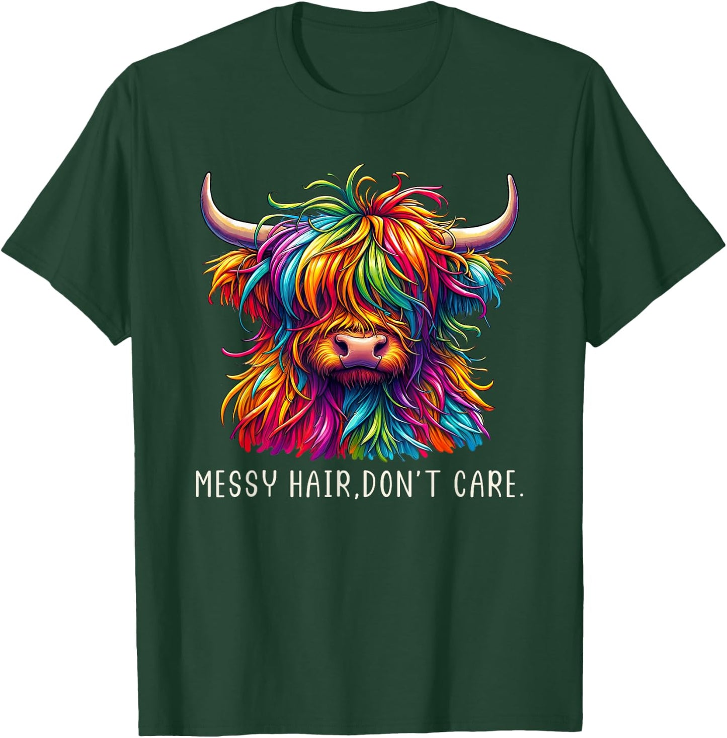 Highland Cow Messy Hair Colorful T-Shirt - T-Shirt | Forest