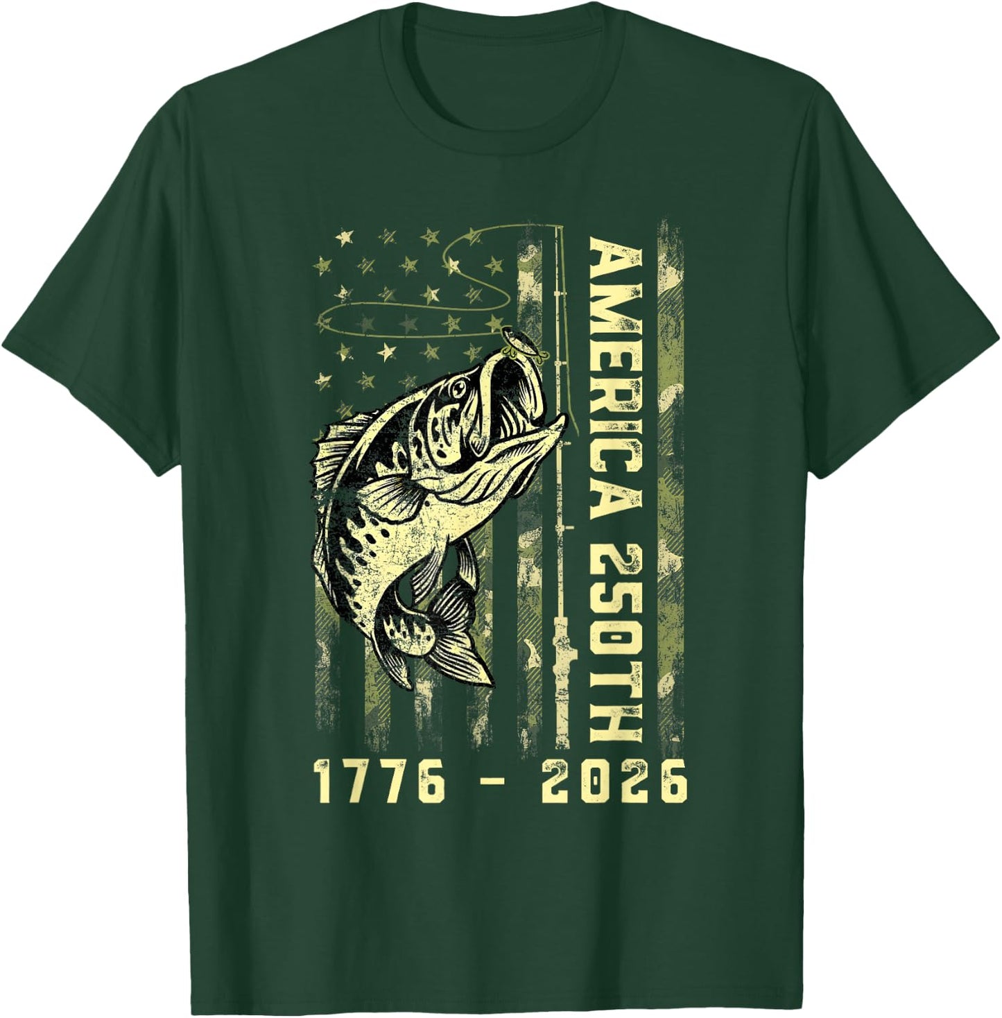 250 Years American 1776 2026 Fishing USA Flag Fish Lover T-Shirt - T-Shirt | Forest