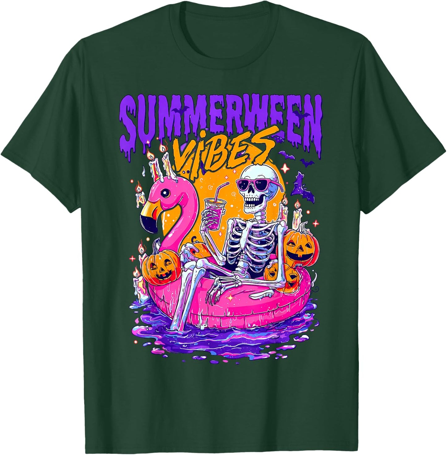 Summerween Funny Skeletons Halloween Floating Pool Pumpkin T-Shirt - T-Shirt | Forest