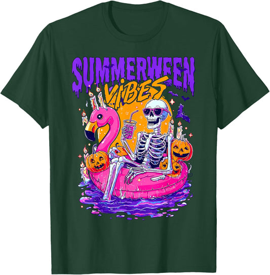 Summerween Funny Skeletons Halloween Floating Pool Pumpkin T-Shirt - T-Shirt | Forest