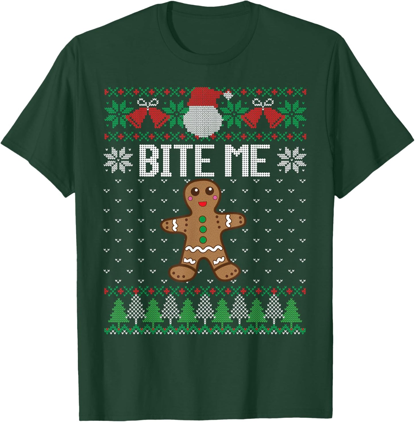 Funny Ugly Christmas Sweater Bite Me Gingerbread Man T-Shirt - T-Shirt | Forest