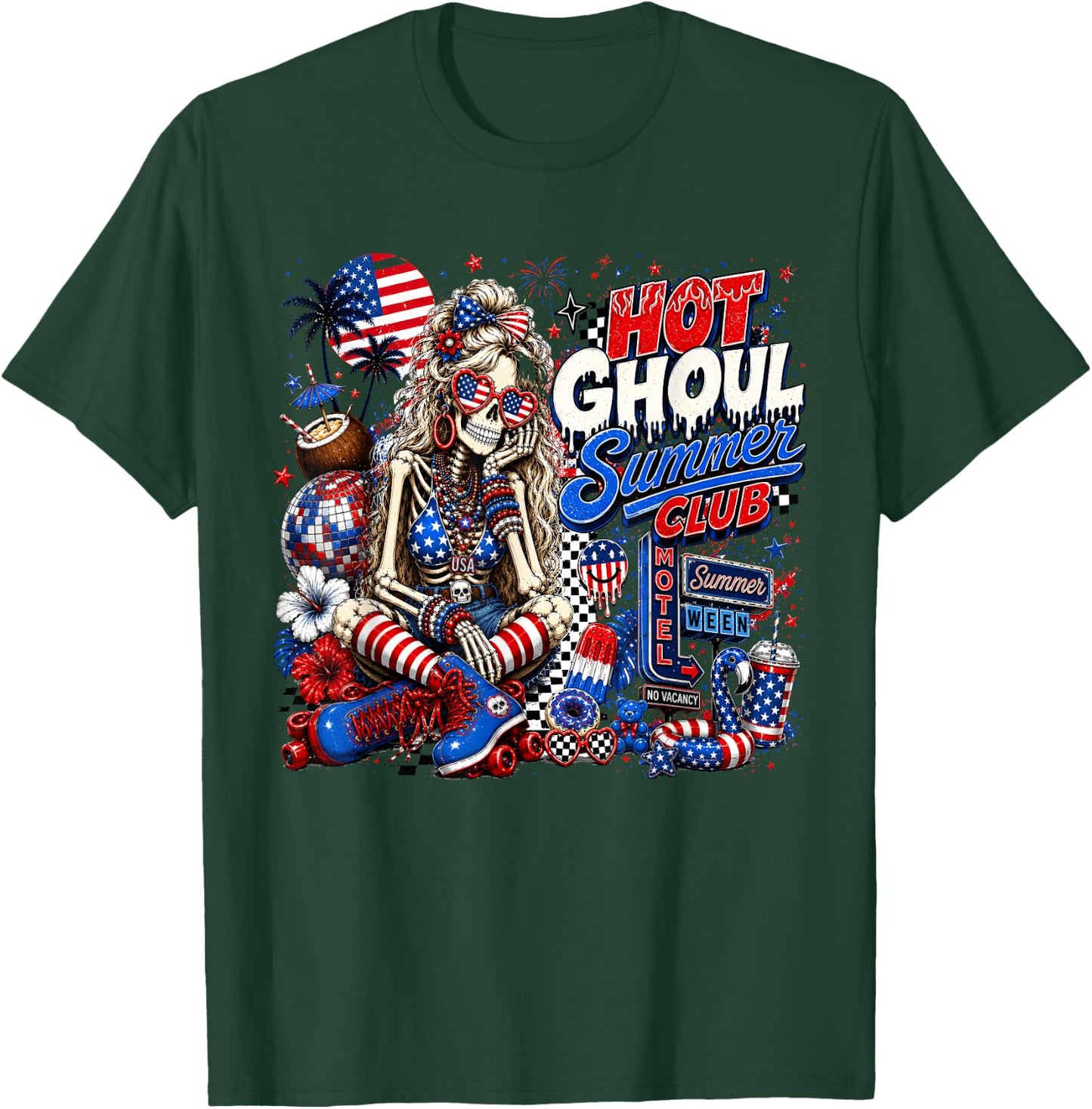 Hot Ghoul Summer Club, 4th of July Girl, Summerween Skeleton T-Shirt - T-Shirt | Forest