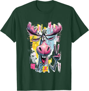 Funny Moose Peace Graffiti Pop Character Graphic Art Face T-Shirt - T-Shirt | Forest