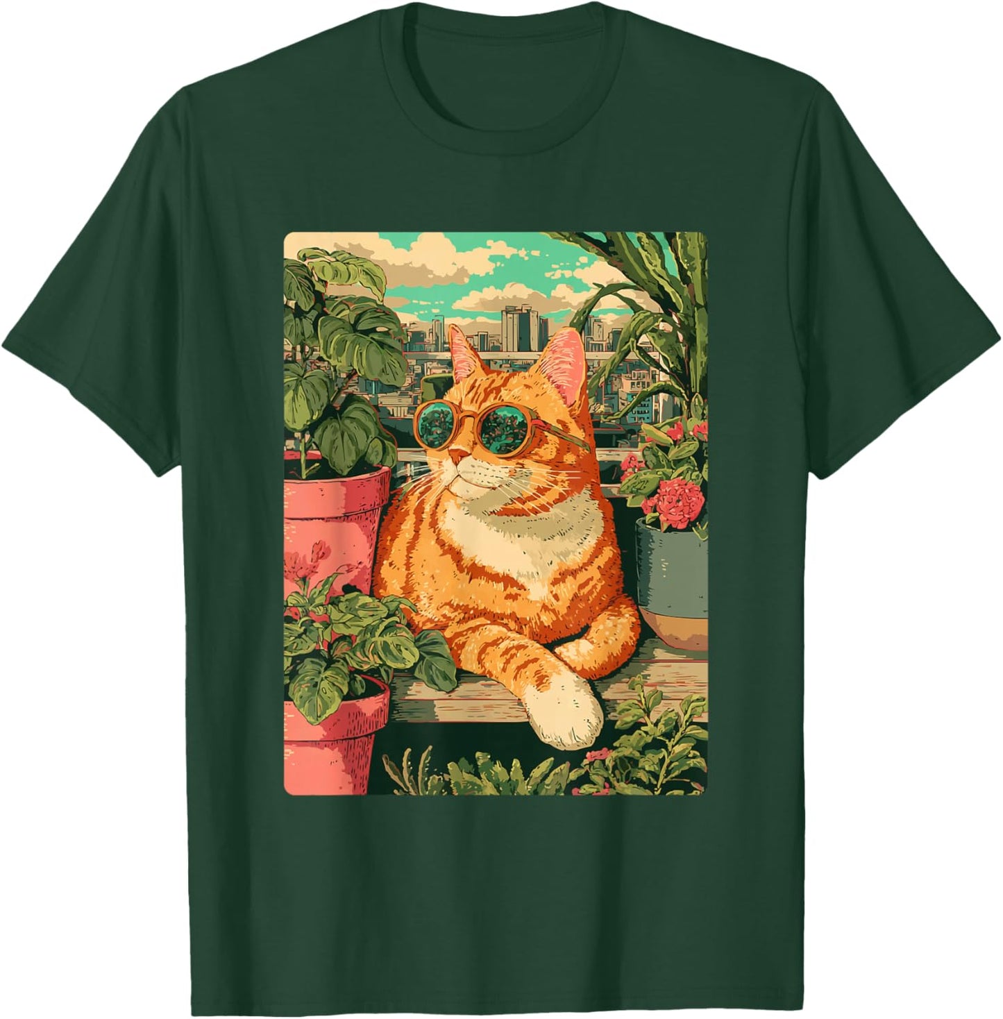Chat tigré Roux avec Lunettes de Soleil Art Floral botanique Printemps T-Shirt - T-Shirt | Forest