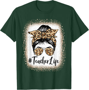 Teacher Life Bleached Leopard Messy Bun Mother's day T-Shirt - T-Shirt | Forest