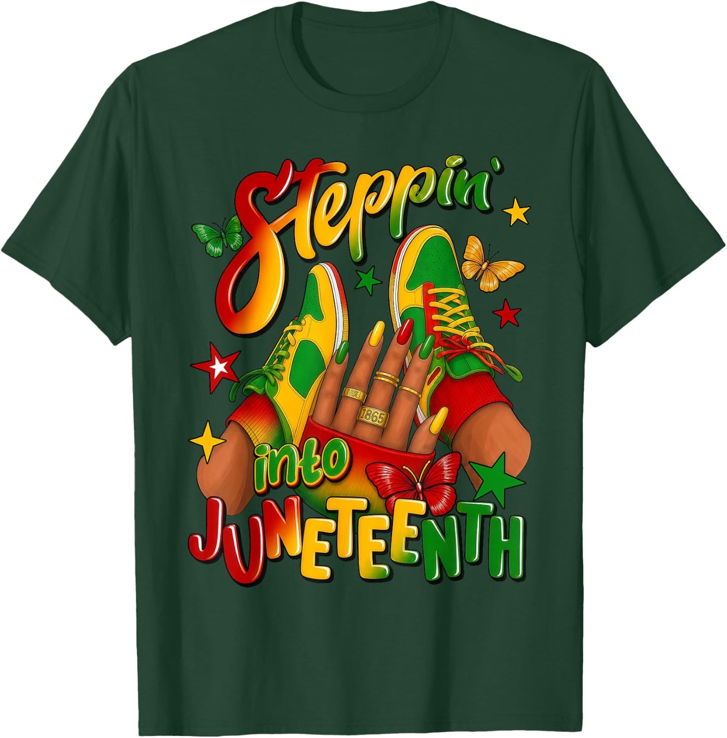 Steppin' Into Juneteenth 1865 Melanin Queen Afro Black Woman T-Shirt - T-Shirt | Forest
