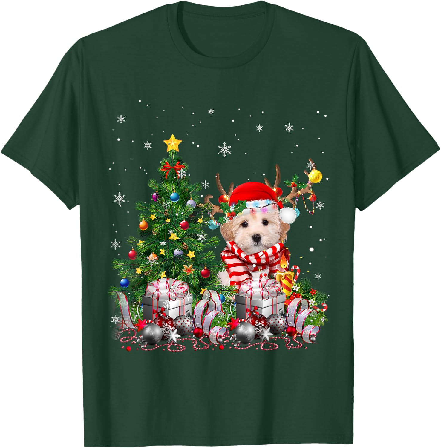 Maltipoo Dog Christmas Tree Lights Santa Pajamas Xmas Women Kids T-Shirt - T-Shirt | Forest